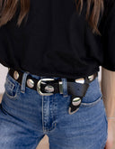 Metallic Disc Studded Faux Leather Belt