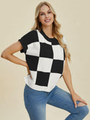 Double Take Full Size Checkered Round Neck Short Sleeve Sweater-Tops-Rae Collective, Women's Online Fashion Boutique Located in Phoenix, Arizona (Scottsdale Area)