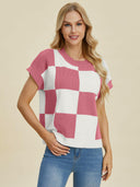 Double Take Full Size Checkered Round Neck Short Sleeve Sweater-Tops-Rae Collective, Women's Online Fashion Boutique Located in Phoenix, Arizona (Scottsdale Area)