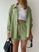 Kinsley Texture Button-Up Shirt and Drawstring Shorts Set-Rae Collective, Women's Online Fashion Boutique Located in Phoenix, Arizona (Scottsdale Area)