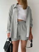Kinsley Texture Button-Up Shirt and Drawstring Shorts Set-Rae Collective, Women's Online Fashion Boutique Located in Phoenix, Arizona (Scottsdale Area)