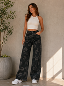 Printed Wide Leg Denim Pants