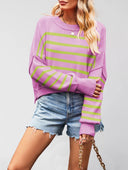 Round Neck Striped Side Slit Lantern Sleeve Sweater-Sweater-Krush Kandy, Women's Online Fashion Boutique Located in Phoenix, Arizona (Scottsdale Area)