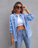 Frayed Denim Pocket Shirt Jacket-Jackets-Krush Kandy, Women's Online Fashion Boutique Located in Phoenix, Arizona (Scottsdale Area)