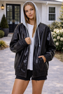 Vegan Leather Hooded Jacket W/ Welt Pocket