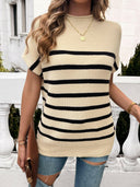 Between the Lines Striped Mock Neck Short Sleeve Sweater-Tops-Rae Collective, Women's Online Fashion Boutique Located in Phoenix, Arizona (Scottsdale Area)