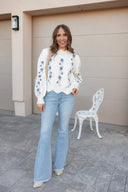 Floral Embroidered Scallop Hem Sweater-Sweater-Krush Kandy, Women's Online Fashion Boutique Located in Phoenix, Arizona (Scottsdale Area)