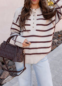 Sweet Espresso Stripe Ribbed Henley Slouchy Sweater-Sweater-Krush Kandy, Women's Online Fashion Boutique Located in Phoenix, Arizona (Scottsdale Area)
