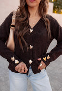 Heart Metal Button V Neck Cardigan Sweater