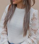Sunflower Lace Mesh Sleeve Waffle Knit Top | S-XL-Long Sleeve Tops-Krush Kandy, Women's Online Fashion Boutique Located in Phoenix, Arizona (Scottsdale Area)