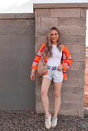 Neon Orange & Pink Striped Colorblock Slouchy Cardigan | S-2X-Cardigans-Rae Collective, Women's Online Fashion Boutique Located in Phoenix, Arizona (Scottsdale Area)