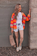 Neon Orange & Pink Striped Colorblock Slouchy Cardigan | S-2X-Cardigans-Rae Collective, Women's Online Fashion Boutique Located in Phoenix, Arizona (Scottsdale Area)