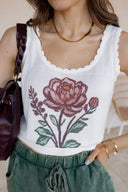 Retro Floral Print Scalloped Square Neck Tank