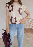 Horseshoes Ribbed Trim Mock Neck Short Sleeve Sweater