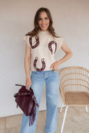 Horseshoes Ribbed Trim Mock Neck Short Sleeve Sweater