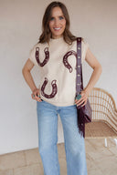 Horseshoes Ribbed Trim Mock Neck Short Sleeve Sweater