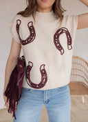 Horseshoes Ribbed Trim Mock Neck Short Sleeve Sweater