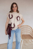 Horseshoes Ribbed Trim Mock Neck Short Sleeve Sweater