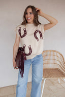 Horseshoes Ribbed Trim Mock Neck Short Sleeve Sweater