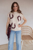 Horseshoes Ribbed Trim Mock Neck Short Sleeve Sweater