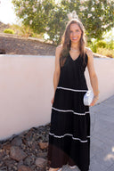 Midnight Grace Tiered Lace Accent Maxi Dress