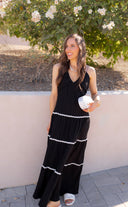 Midnight Grace Tiered Lace Accent Maxi Dress