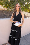 Midnight Grace Tiered Lace Accent Maxi Dress