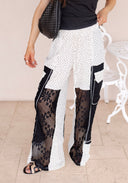 Relaxed Fit Lace Pants with Stitch Detail and Floral Pattern