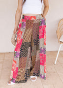 Gypsy Flare Hand Stitch Accents Printed Woven Pants
