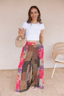 Gypsy Flare Hand Stitch Accents Printed Woven Pants