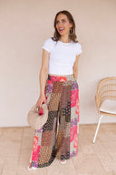 Gypsy Flare Hand Stitch Accents Printed Woven Pants