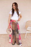 Gypsy Flare Hand Stitch Accents Printed Woven Pants