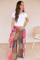 Gypsy Flare Hand Stitch Accents Printed Woven Pants