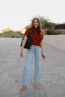 Between the Lines Striped Mock Neck Short Sleeve Sweater-Tops-Rae Collective, Women's Online Fashion Boutique Located in Phoenix, Arizona (Scottsdale Area)