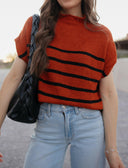 Between the Lines Striped Mock Neck Short Sleeve Sweater-Tops-Rae Collective, Women's Online Fashion Boutique Located in Phoenix, Arizona (Scottsdale Area)
