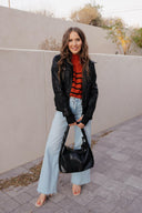 Hooded Lined Vegan Leather Moto Jacket with Thumbholes-Jackets-Krush Kandy, Women's Online Fashion Boutique Located in Phoenix, Arizona (Scottsdale Area)