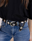 Metallic Disc Studded Faux Leather Belt
