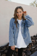Pearly Girly Peal Denim Jacket-Jackets-Rae Collective, Women's Online Fashion Boutique Located in Phoenix, Arizona (Scottsdale Area)