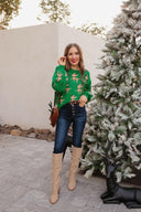 Green Sweater with Reindeer Pattern-Sweater-Krush Kandy, Women's Online Fashion Boutique Located in Phoenix, Arizona (Scottsdale Area)