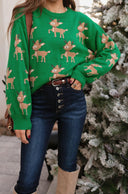 Green Sweater with Reindeer Pattern-Sweater-Krush Kandy, Women's Online Fashion Boutique Located in Phoenix, Arizona (Scottsdale Area)