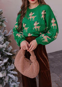 Green Sweater with Reindeer Pattern-Sweater-Krush Kandy, Women's Online Fashion Boutique Located in Phoenix, Arizona (Scottsdale Area)