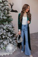 Evergreen Affair Velvet Duster Cardigan-Cardigans-Krush Kandy, Women's Online Fashion Boutique Located in Phoenix, Arizona (Scottsdale Area)