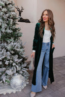Evergreen Affair Velvet Duster Cardigan-Cardigans-Krush Kandy, Women's Online Fashion Boutique Located in Phoenix, Arizona (Scottsdale Area)