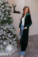 Evergreen Affair Velvet Duster Cardigan-Cardigans-Krush Kandy, Women's Online Fashion Boutique Located in Phoenix, Arizona (Scottsdale Area)