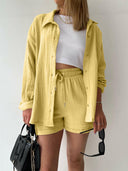 Kinsley Texture Button-Up Shirt and Drawstring Shorts Set-Rae Collective, Women's Online Fashion Boutique Located in Phoenix, Arizona (Scottsdale Area)