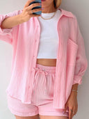 Kinsley Texture Button-Up Shirt and Drawstring Shorts Set-Rae Collective, Women's Online Fashion Boutique Located in Phoenix, Arizona (Scottsdale Area)