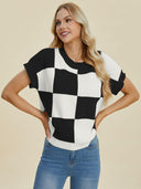 Double Take Full Size Checkered Round Neck Short Sleeve Sweater-Tops-Rae Collective, Women's Online Fashion Boutique Located in Phoenix, Arizona (Scottsdale Area)