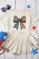 Leopard Flag Day Bow Print Loose Tee High Waist Skort Set
