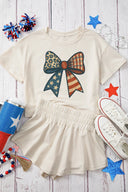 Leopard Flag Day Bow Print Loose Tee High Waist Skort Set