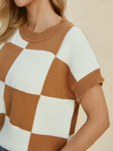 Double Take Full Size Checkered Round Neck Short Sleeve Sweater-Tops-Rae Collective, Women's Online Fashion Boutique Located in Phoenix, Arizona (Scottsdale Area)